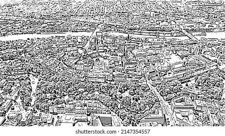 Bremen, Germany. The historic part of Bremen, the old town. Bremen Cathedral ( St. Petri Dom Bremen ). Doodle sketch style. Aerial view