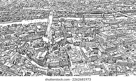 Bremen, Germany. The historic part of Bremen, the old town. Bremen Cathedral ( St. Petri Dom Bremen ). Doodle sketch style. Aerial view