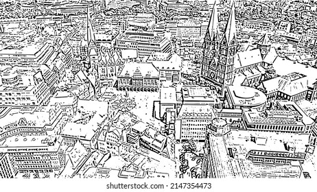 Bremen, Germany. Bremen Market Square ( Bremer Marktplatz ), Bremen Cathedral ( St. Petri Dom Bremen ). Doodle sketch style. Aerial view