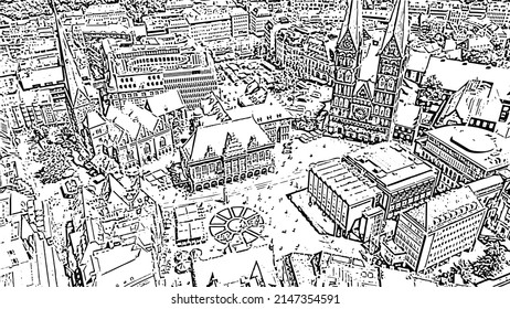 Bremen, Alemania. Plaza del Mercado de Bremen (Bremer Marktplatz), Catedral de Bremen (St. Petri Dom Bremen). Estilo de dibujo de Doodle. Vista aérea