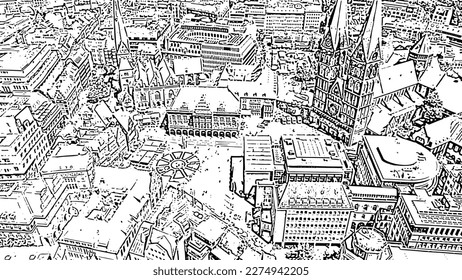 Bremen, Germany. Bremen Market Square ( Bremer Marktplatz ), Bremen Cathedral ( St. Petri Dom Bremen ). Doodle sketch style. Aerial view