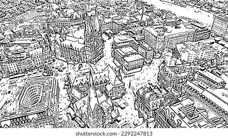 Bremen, Alemania. Plaza del Mercado de Bremen (Bremer Marktplatz), Catedral de Bremen (St. Petri Dom Bremen). Estilo de dibujo de Doodle. Vista aérea