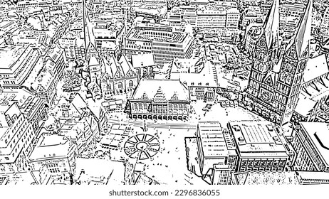 Bremen, Alemania. Plaza del Mercado de Bremen (Bremer Marktplatz), Catedral de Bremen (St. Petri Dom Bremen). Estilo de dibujo de Doodle. Vista aérea