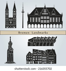Bremen landmarks and monuments isolated on blue background in editable vector file