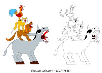 Bremen Musicians Fable. Coloring Book Vectoral Illustration. Coloring and Colorless Page Set.