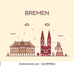 Bremen skyline, northwestern Germany. Trendy vector illustration, linear style