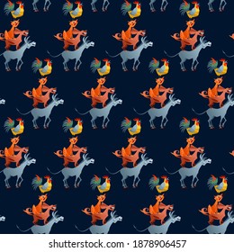 ”The Bremen Town Musicians” (German: Die Bremer Stadtmusikanten). German fairy tale. Seamless background pattern. Vector illustration
