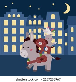 Bremen town musicians. German fairy tale. Kawaii cartoon animals with music instruments. Vector illustration for children books and magazines.