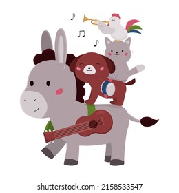 Bremen town musicians on white background. Cartoon kawaii animals, donkey, dog, cat and rooster. German fairy tale. Vector illustration for children books. 