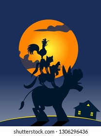 Bremen town musicians Silhouette . Vector illustration on night background. For Children Books, Magazines, Web Pages, Blogs.