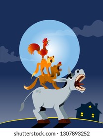 Bremen town musicians. Vector illustration on night background. For Children Books, Magazines, Web Pages, Blogs.