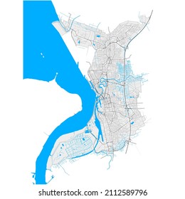 Bremerhaven, Bremen, Deutschland, hochauflösende Vektorkarte mit Stadtgrenzen und bearbeitbaren Wegen. Weiße Umrisse für Hauptverkehrsstraßen. Viele detaillierte Wege. Blaue Formen und Linien für das Wasser.