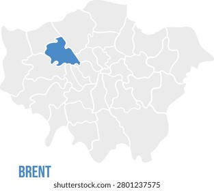 Brent highlighted in London Borough map, simplified flat design, blue and light gray vector, labeled