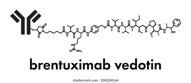 Brentuximab vedotin antibody-drug conjugate molecule. Consists of monoclonal antibody conjugated to 3-5 molecules of monomethyl auristatin E. Skeletal formula.