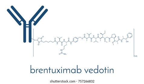 Brentuximab vedotin antibody-drug conjugate molecule. Consists of monoclonal antibody conjugated to 3-5 molecules of monomethyl auristatin E. Skeletal formula.