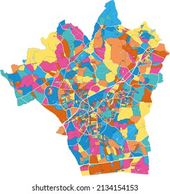 Brentwood, East of England, England colorful high resolution vector art map with city boundaries. White outlines for main roads. Many details. Blue shapes for water. 