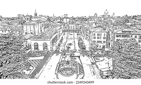 Brescia, Italy. Arnaldo Square. Flight over the city. Doodle sketch style. Aerial view