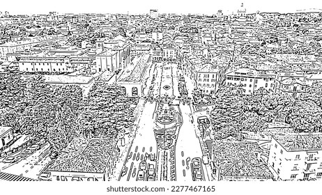 Brescia, Italy. Arnaldo Square. Flight over the city. Doodle sketch style. Aerial view