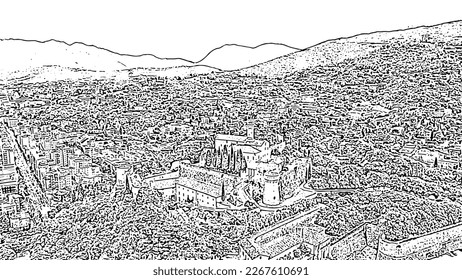 Brescia, Italy. Castello di Brescia. Flight over the city.  Doodle sketch style. Aerial view