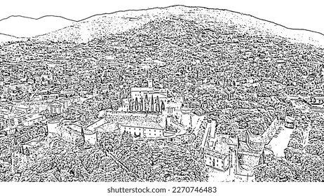 Brescia, Italy. Castello di Brescia. Flight over the city.  Doodle sketch style. Aerial view