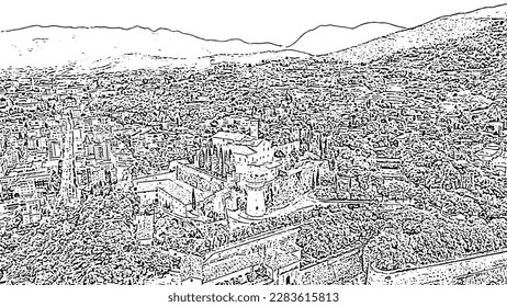 Brescia, Italy. Castello di Brescia. Flight over the city.  Doodle sketch style. Aerial view