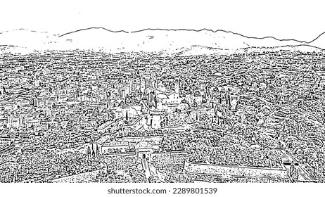 Brescia, Italy. Castello di Brescia. Flight over the city.  Doodle sketch style. Aerial view