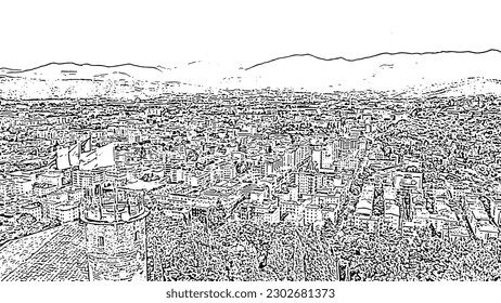 Brescia, Italy. Castello di Brescia. Flight over the city.  Doodle sketch style. Aerial view