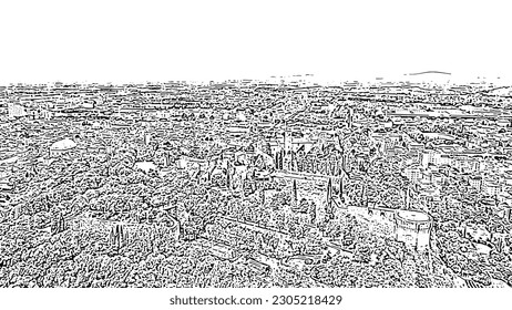 Brescia, Italy. Castello di Brescia. Flight over the city.  Doodle sketch style. Aerial view