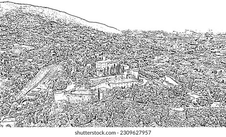 Brescia, Italy. Castello di Brescia. Flight over the city.  Doodle sketch style. Aerial view