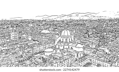 Brescia, Italy. Cathedral of Santa Maria Assunta. Flight over the city. Doodle sketch style. Aerial view