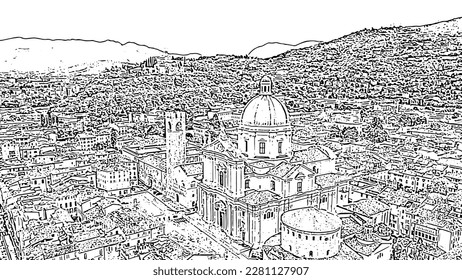 Brescia, Italy. Cathedral of Santa Maria Assunta. Flight over the city. Doodle sketch style. Aerial view