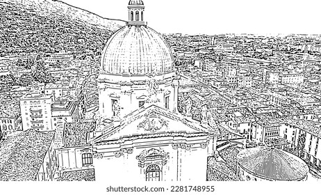 Brescia, Italy. Cathedral of Santa Maria Assunta. Flight over the city. Doodle sketch style. Aerial view
