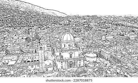 Brescia, Italy. Cathedral of Santa Maria Assunta. Flight over the city. Doodle sketch style. Aerial view