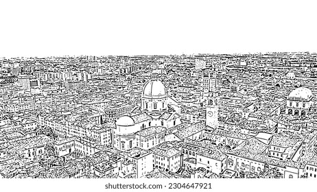 Brescia, Italy. Cathedral of Santa Maria Assunta. Flight over the city. Doodle sketch style. Aerial view