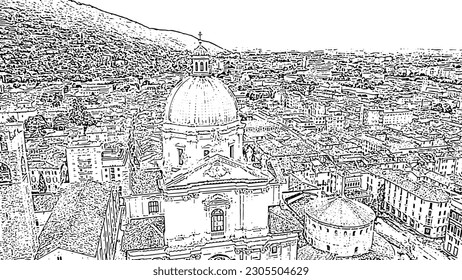 Brescia, Italy. Cathedral of Santa Maria Assunta. Flight over the city. Doodle sketch style. Aerial view