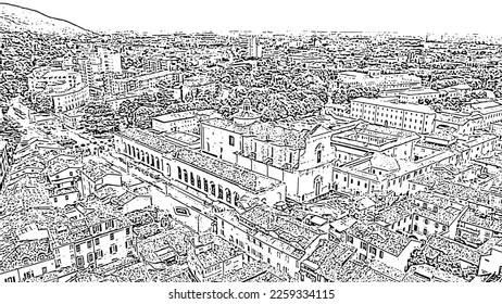 Brescia, Italy. Sant Afra, Brescia. Arnaldo Square. Doodle sketch style. Aerial view