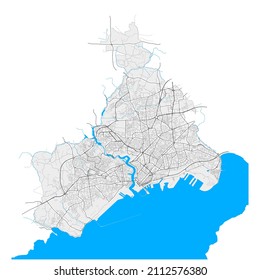 Brest, Finistère, France high resolution vector map with city boundaries and editable paths. White outlines for main roads. Many detailed paths. Blue shapes and lines for water.