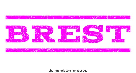 Brest watermark stamp. Text caption between horizontal parallel lines with grunge design style. Rubber seal stamp with scratched texture. Vector magenta color ink imprint on a white background.
