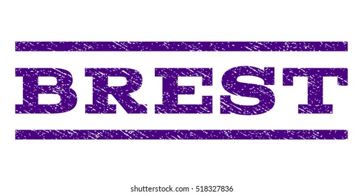 Brest watermark stamp. Text tag between horizontal parallel lines with grunge design style. Rubber seal stamp with dirty texture. Vector indigo blue color ink imprint on a white background.