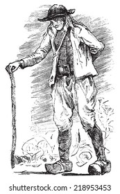 Breton Beggar, vintage engraved illustration. Journal des Voyages, Travel Journal, (1879-80).