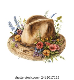 breton hat and flowers vector illustration in watercolor style