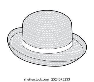 Breton Kettle Brim Straw Hat with. Head Fashion accessory cap clothing technical illustration. Vector headgear for Men, women, unisex style, flat template CAD mockup sketch outline isolated