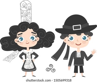 Breton kids in traditional breton costumes. Flat cartoon characters isolated on white background, vector illustration