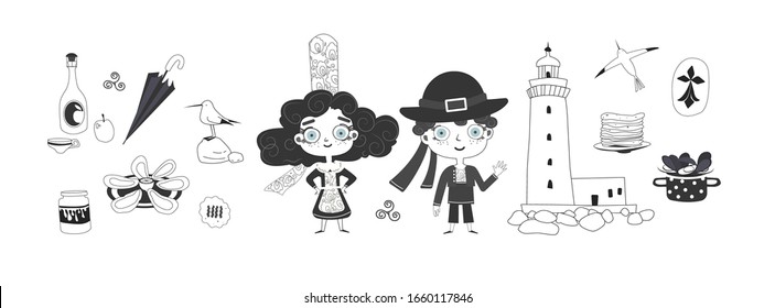 Breton kids in traditional breton costumes and and traditional symbols of Brittany- Cider, oysters, mussels, lighthouse, seagulls, cookies, salted caramel, pancakes.Black and white hand drawn image.