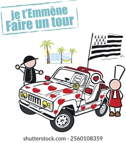 Breton qui invite une bretonne dans un 4x4 blanc avec des coeurs rouges