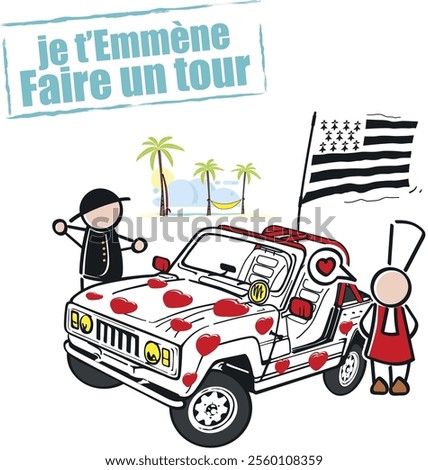 Breton qui invite une bretonne dans un 4x4 blanc avec des coeurs rouges