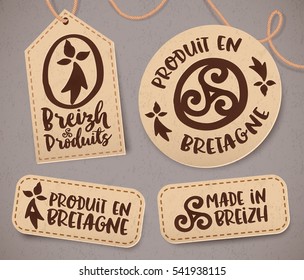 Breton vintage labels with signs in French - Produit en Bretagne (Made in Brittany), vector set