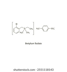 Bretylium Tosilate flache skelettförmige molekulare Struktur Klasse II antiarrhythmisches Medikament zur Behandlung von Arrhythmien. Wissenschaftliches Vektorgrafik.