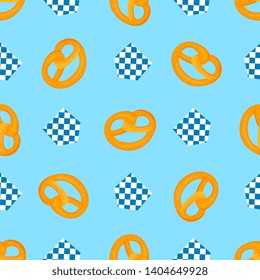 Bretzel and decorative flag Traditional German pastries. National food to Oktoberfest. Seamless pattern