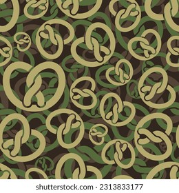 Bretzel Military pattern seamless. german bakery food Army background. Soldier Protective texture